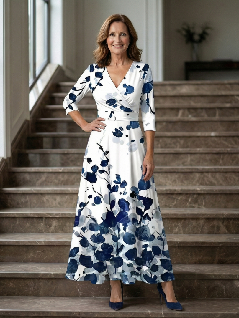 Celeste™ | Midi Floral Φόρεμα με Σταυρωτό Ντεκολτέ και Τρία Πέμπτα Μανίκια