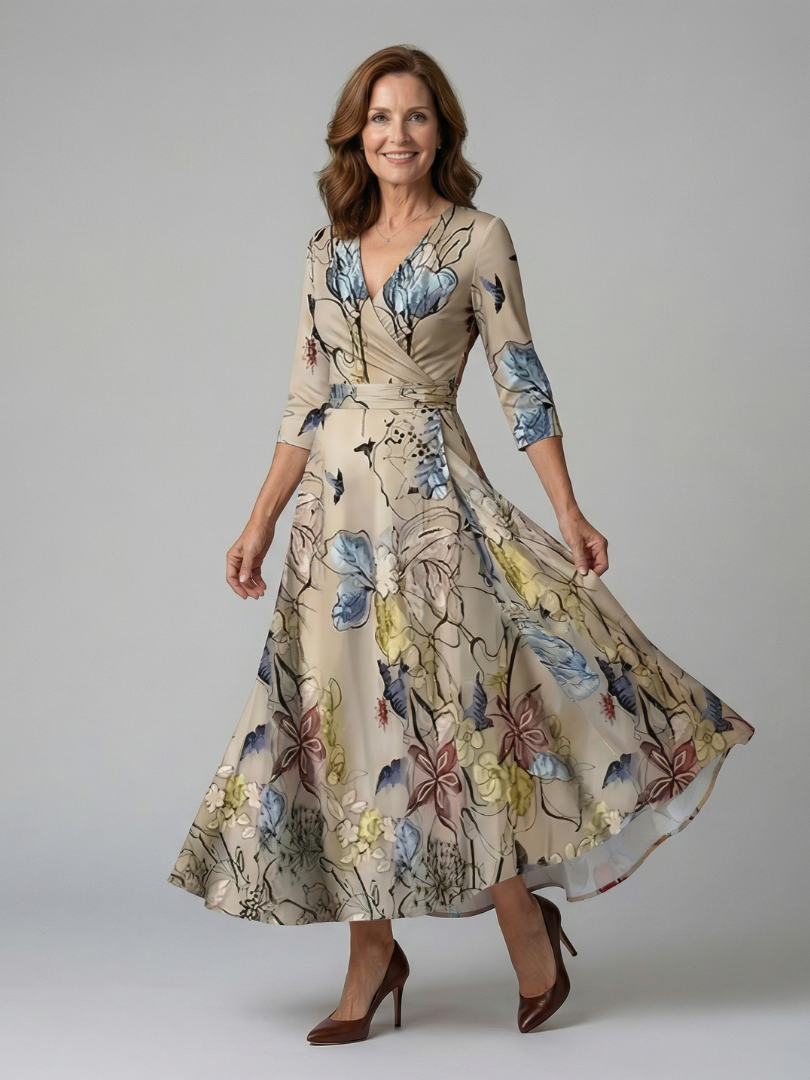 Celeste™ | Midi Floral Φόρεμα με Σταυρωτό Ντεκολτέ και Τρία Πέμπτα Μανίκια