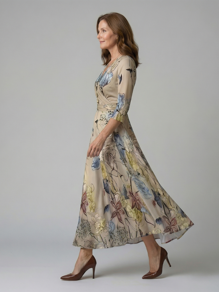 Celeste™ | Midi Floral Φόρεμα με Σταυρωτό Ντεκολτέ και Τρία Πέμπτα Μανίκια