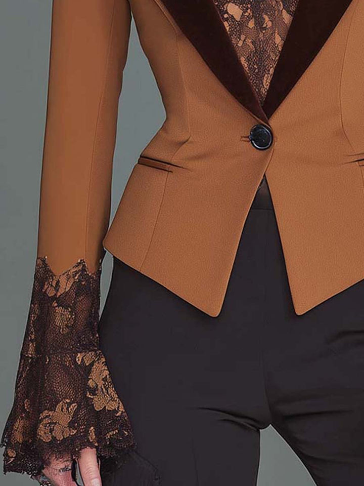 Ρετρό Βελούδινο Σακάκι Slim-fit με Λαβές και Δαντέλα