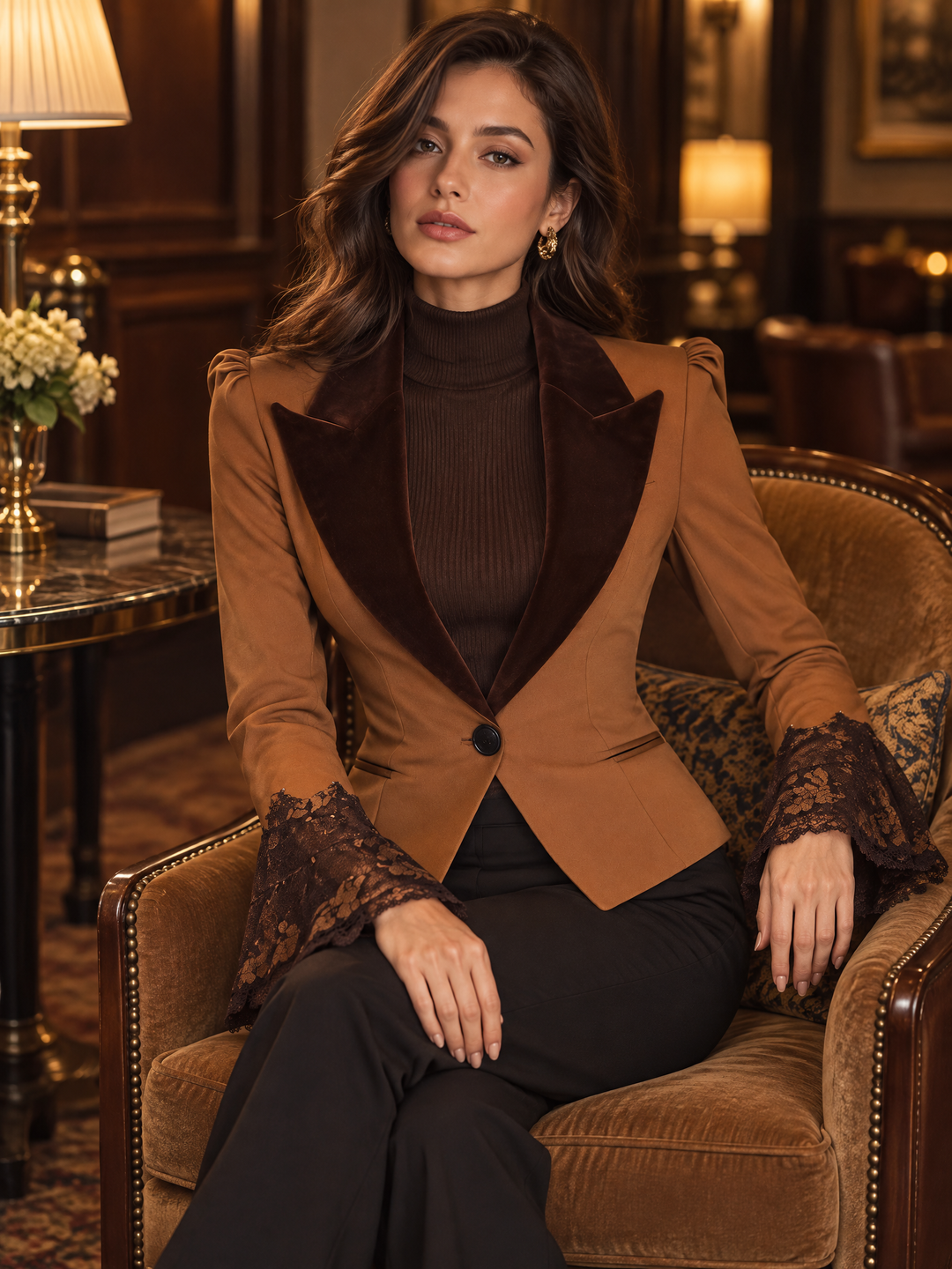 Ρετρό Βελούδινο Σακάκι Slim-fit με Λαβές και Δαντέλα