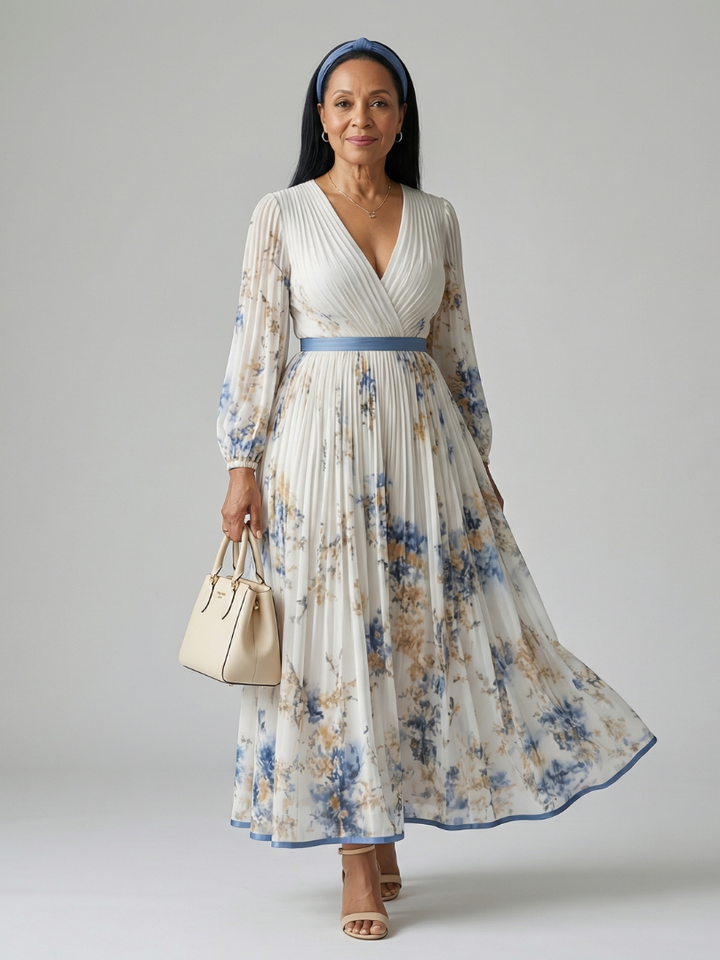 Riana™ | Floral Midi Φόρεμα με Πλισέ Φούστα και Μακριά Μανίκια