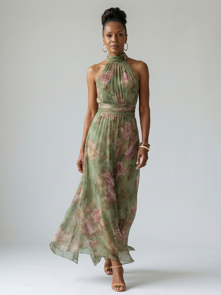 Mirella™ | Floral Midi Halter Φόρεμα με Ραφές