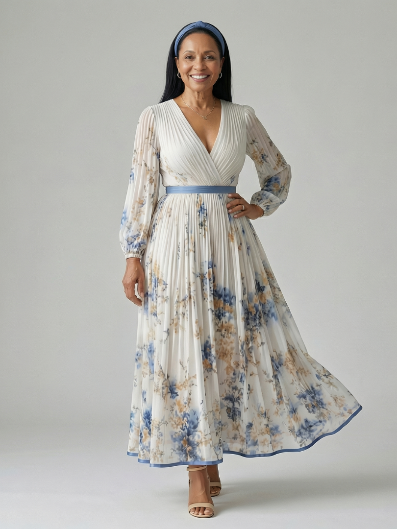 Riana™ | Floral Midi Φόρεμα με Πλισέ Φούστα και Μακριά Μανίκια