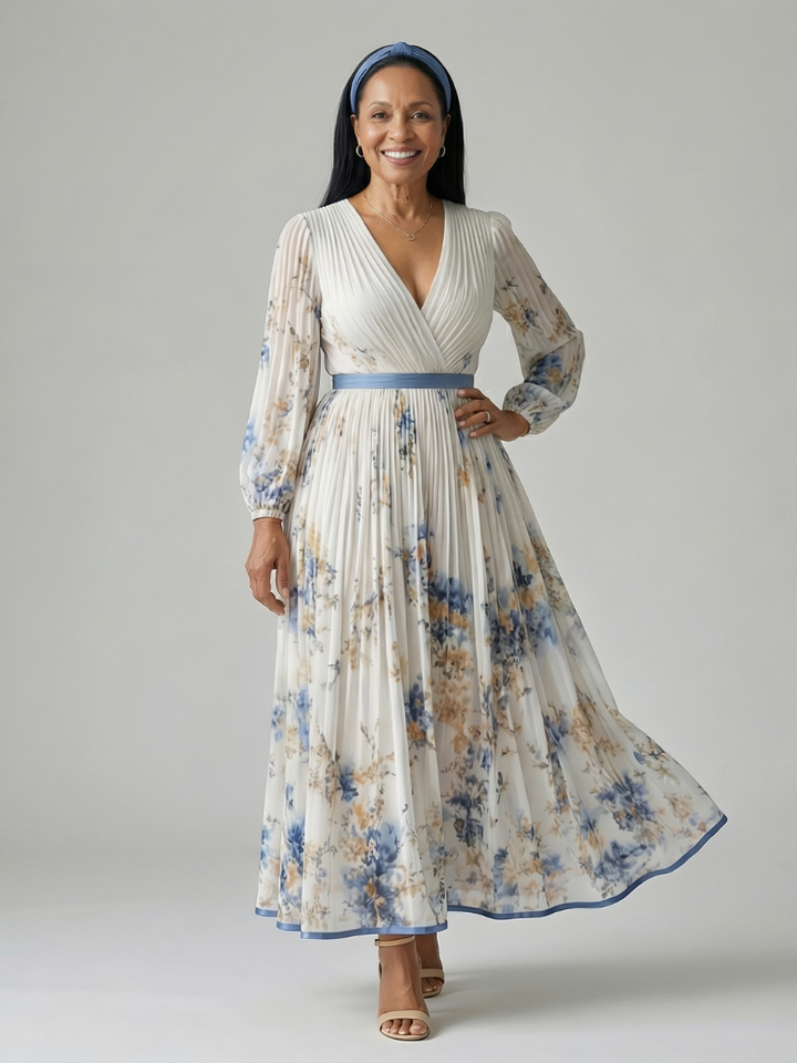 Riana™ | Floral Midi Φόρεμα με Πλισέ Φούστα και Μακριά Μανίκια