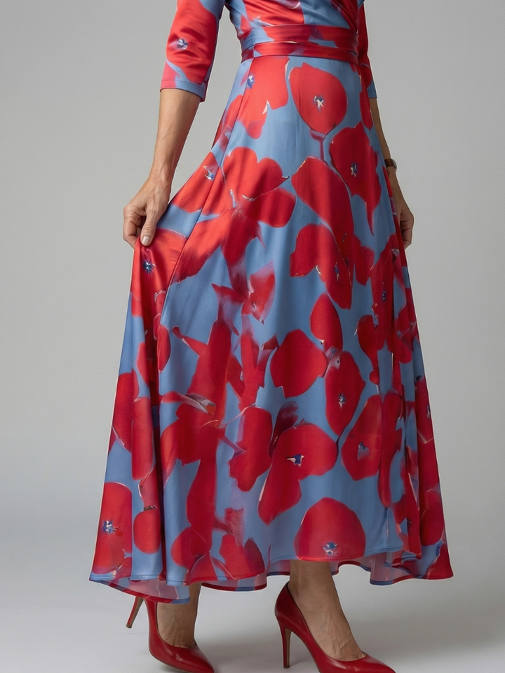 Celeste™ | Midi Floral Φόρεμα με Σταυρωτό Ντεκολτέ και Τρία Πέμπτα Μανίκια