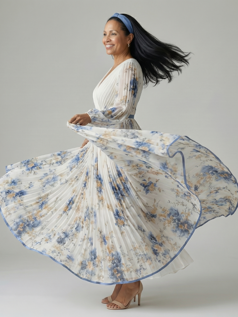 Riana™ | Floral Midi Φόρεμα με Πλισέ Φούστα και Μακριά Μανίκια