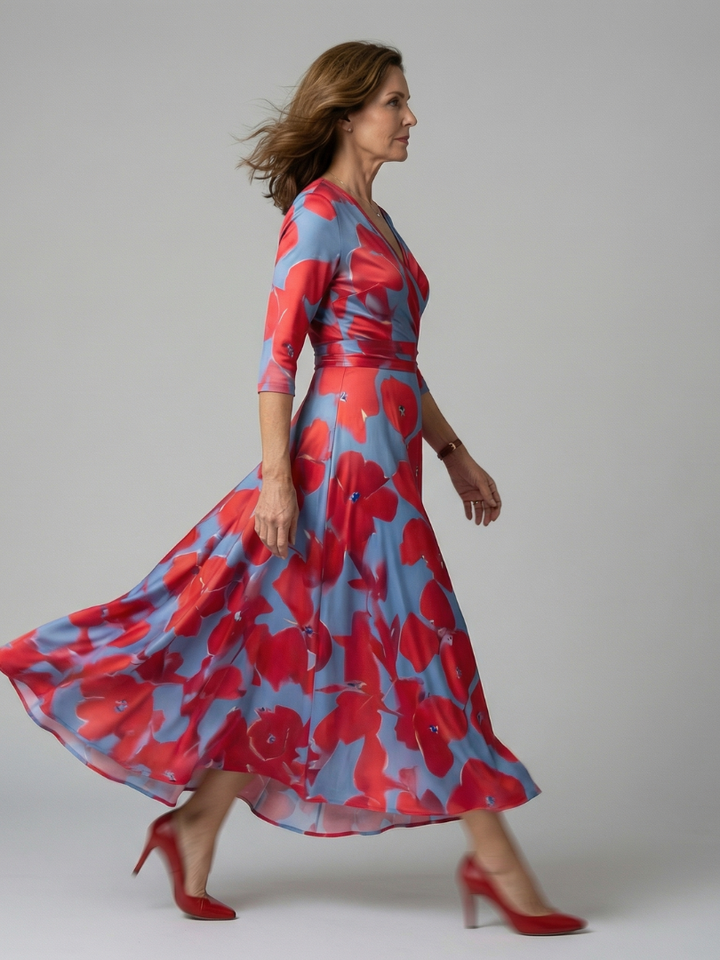 Celeste™ | Midi Floral Φόρεμα με Σταυρωτό Ντεκολτέ και Τρία Πέμπτα Μανίκια