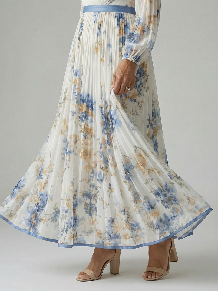 Riana™ | Floral Midi Φόρεμα με Πλισέ Φούστα και Μακριά Μανίκια