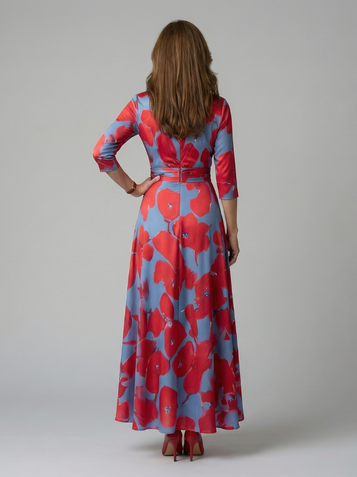 Celeste™ | Midi Floral Φόρεμα με Σταυρωτό Ντεκολτέ και Τρία Πέμπτα Μανίκια