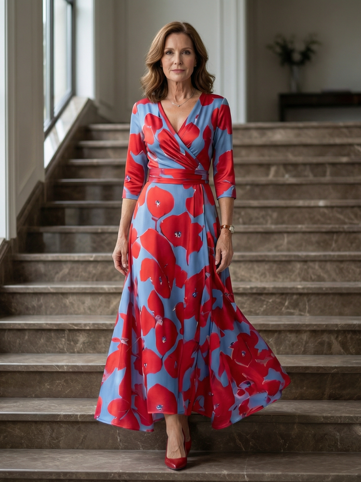 Celeste™ | Midi Floral Φόρεμα με Σταυρωτό Ντεκολτέ και Τρία Πέμπτα Μανίκια