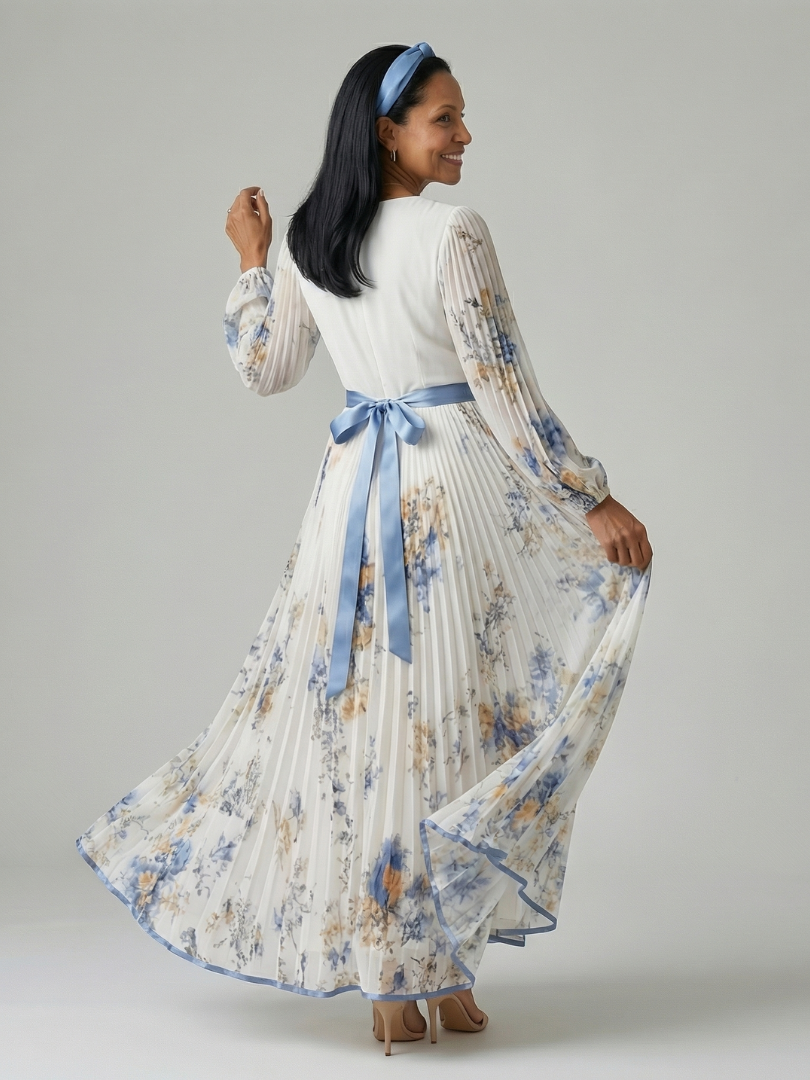 Riana™ | Floral Midi Φόρεμα με Πλισέ Φούστα και Μακριά Μανίκια