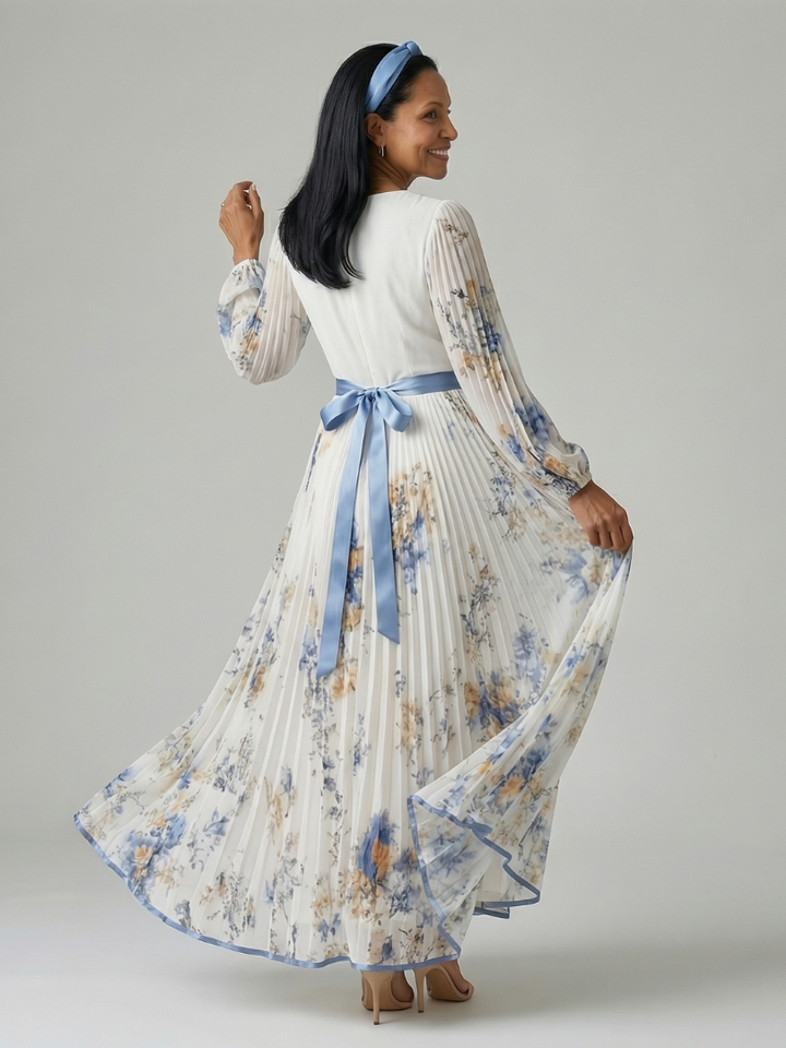 Riana™ | Floral Midi Φόρεμα με Πλισέ Φούστα και Μακριά Μανίκια