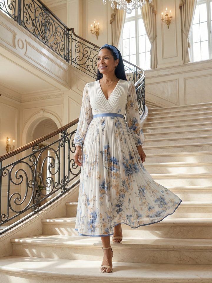 Riana™ | Floral Midi Φόρεμα με Πλισέ Φούστα και Μακριά Μανίκια