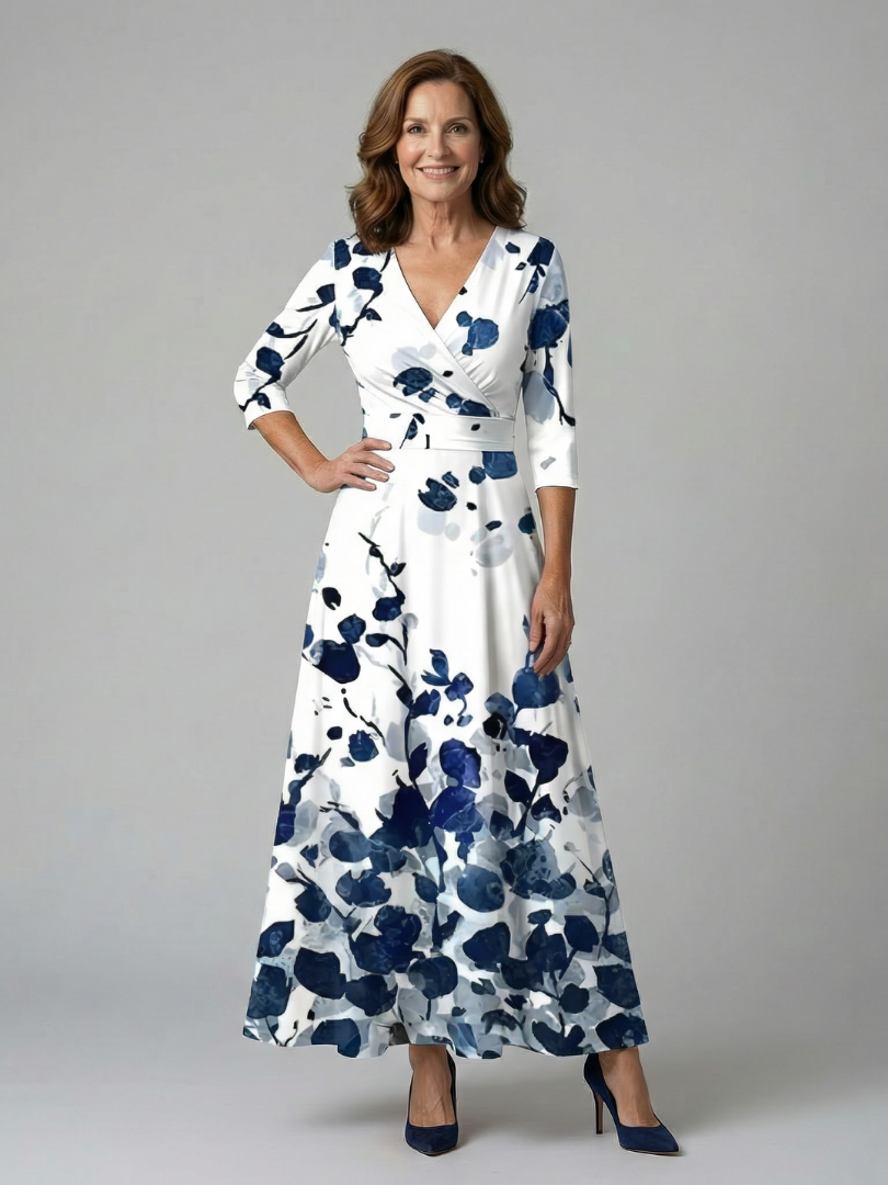 Celeste™ | Midi Floral Φόρεμα με Σταυρωτό Ντεκολτέ και Τρία Πέμπτα Μανίκια