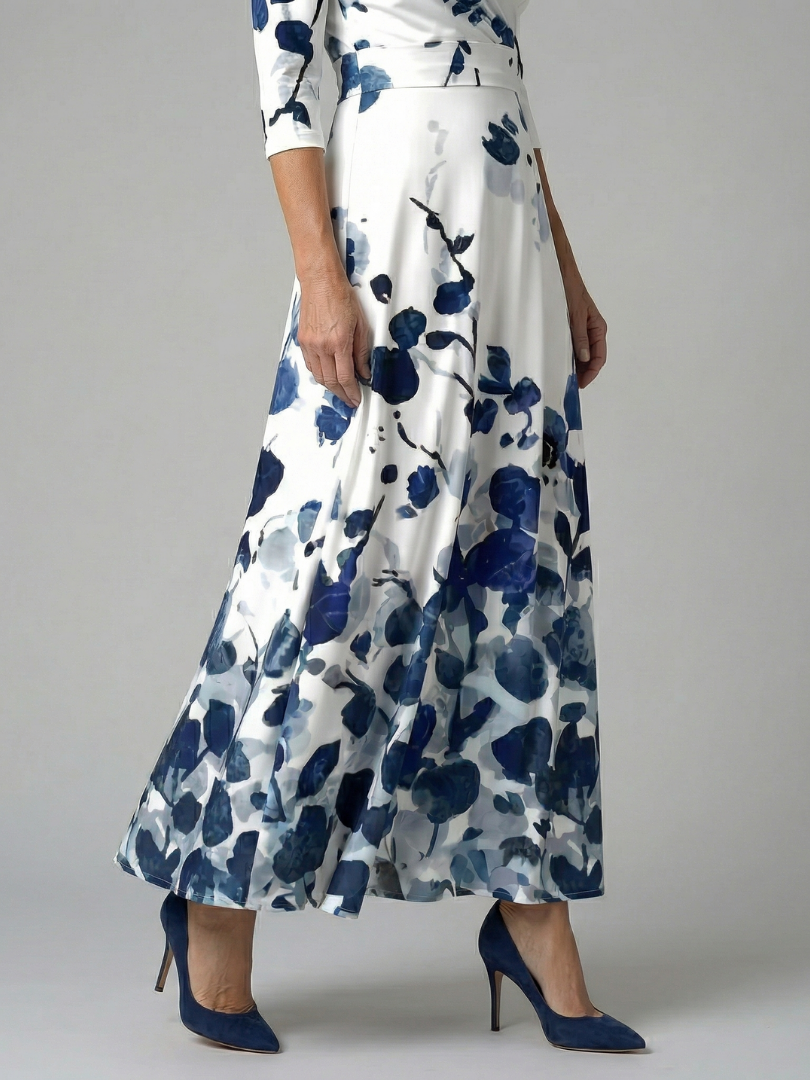 Celeste™ | Midi Floral Φόρεμα με Σταυρωτό Ντεκολτέ και Τρία Πέμπτα Μανίκια