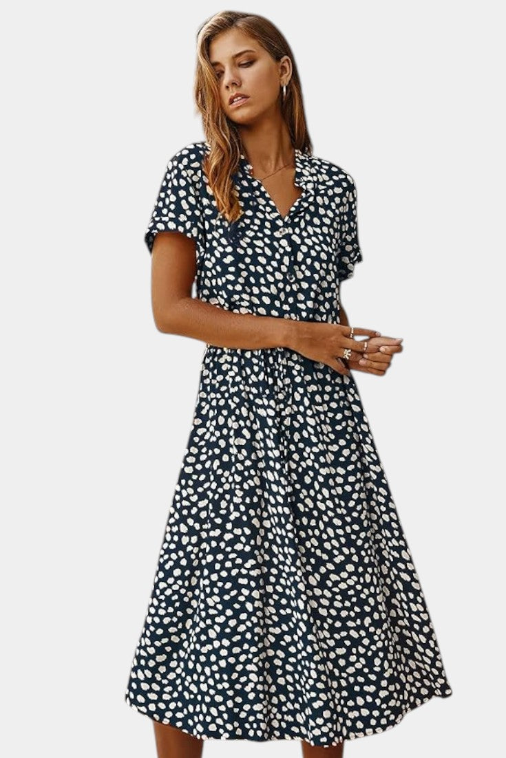 Rovena Midi Φόρεμα με Πουά, Γιακά και Ρυθμιζόμενη Μέση