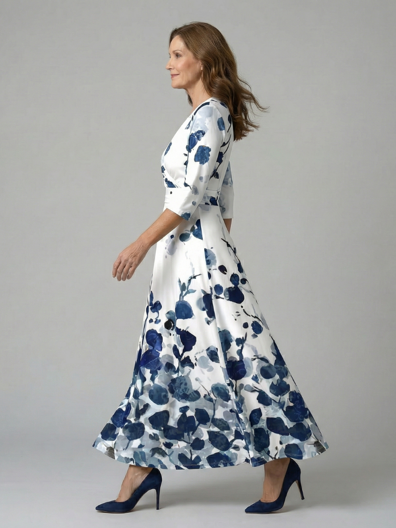 Celeste™ | Midi Floral Φόρεμα με Σταυρωτό Ντεκολτέ και Τρία Πέμπτα Μανίκια