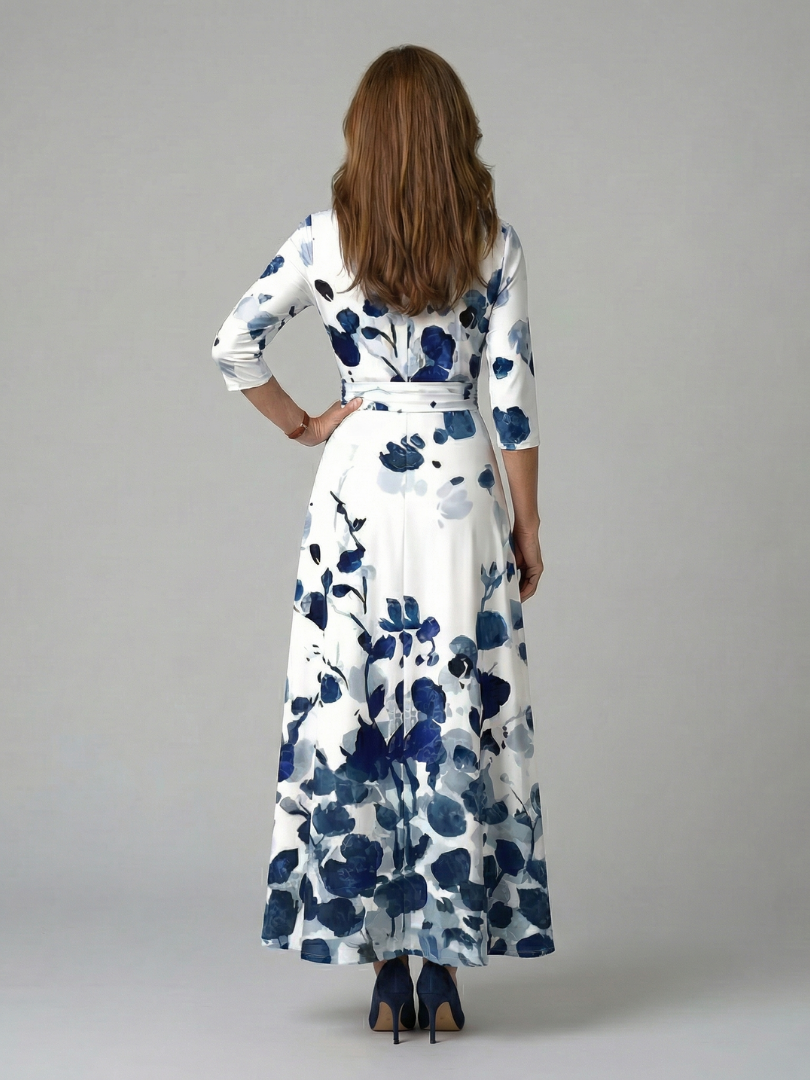 Celeste™ | Midi Floral Φόρεμα με Σταυρωτό Ντεκολτέ και Τρία Πέμπτα Μανίκια