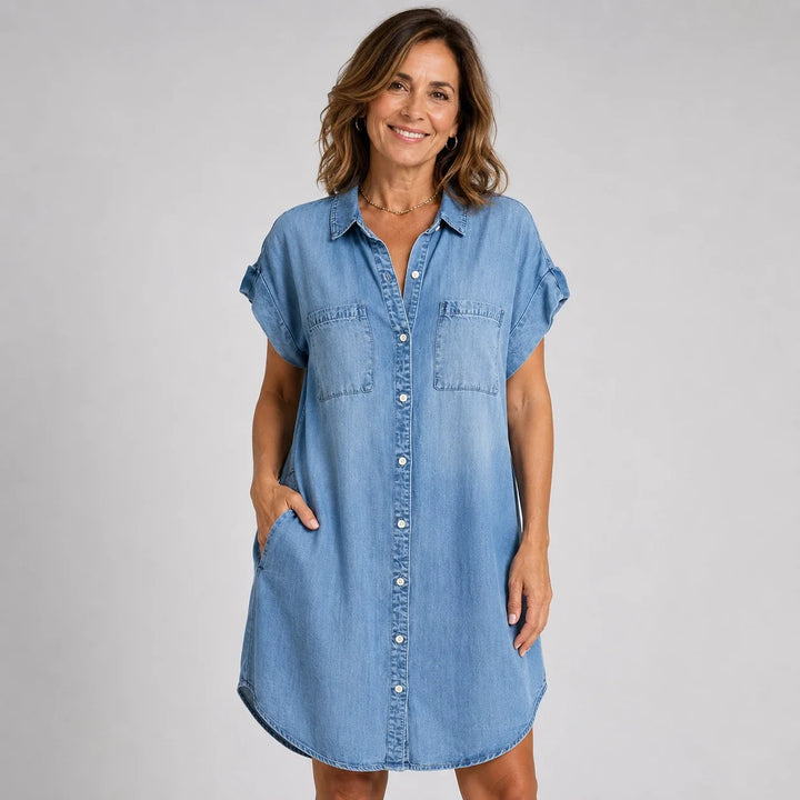 Venancia™ | Κοντό φόρεμα chemise με κοντά μανίκια και κουμπιά
