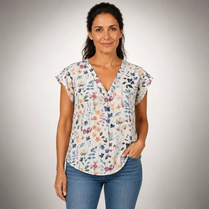 Beatriz™ | Vintage Floral Μπλούζα με Κοντά Μανίκια και Κουμπιά