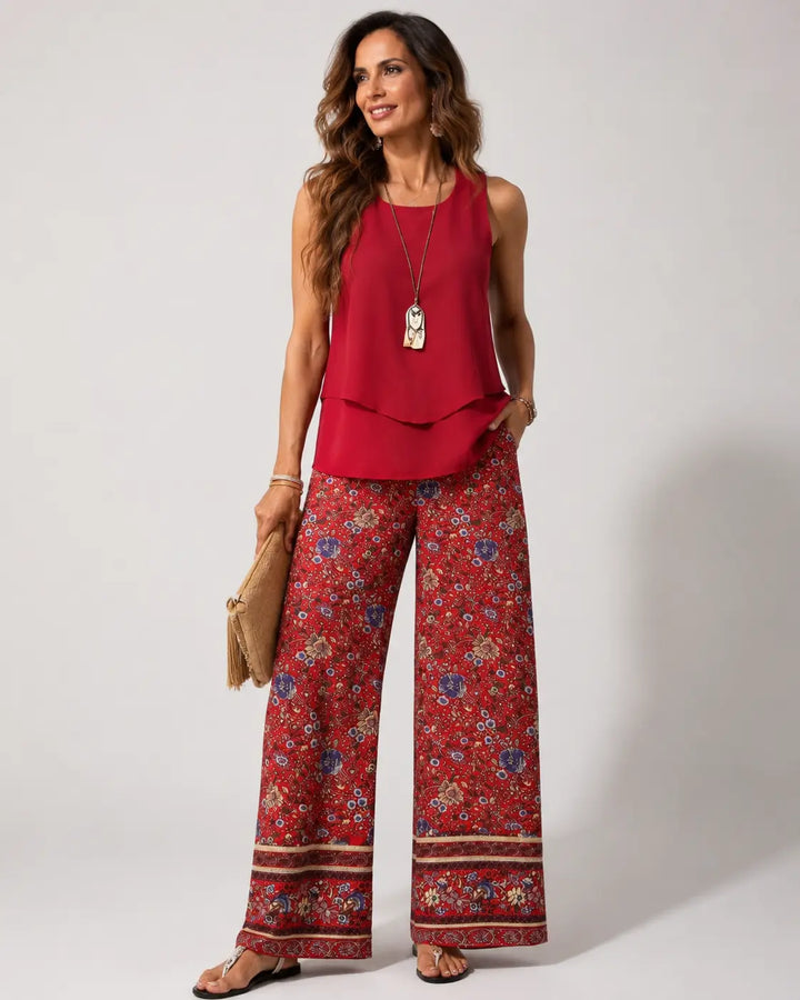 Cayetana™ | Σετ Boho Τοπ σε Στρώσεις και Floral Παντελόνι