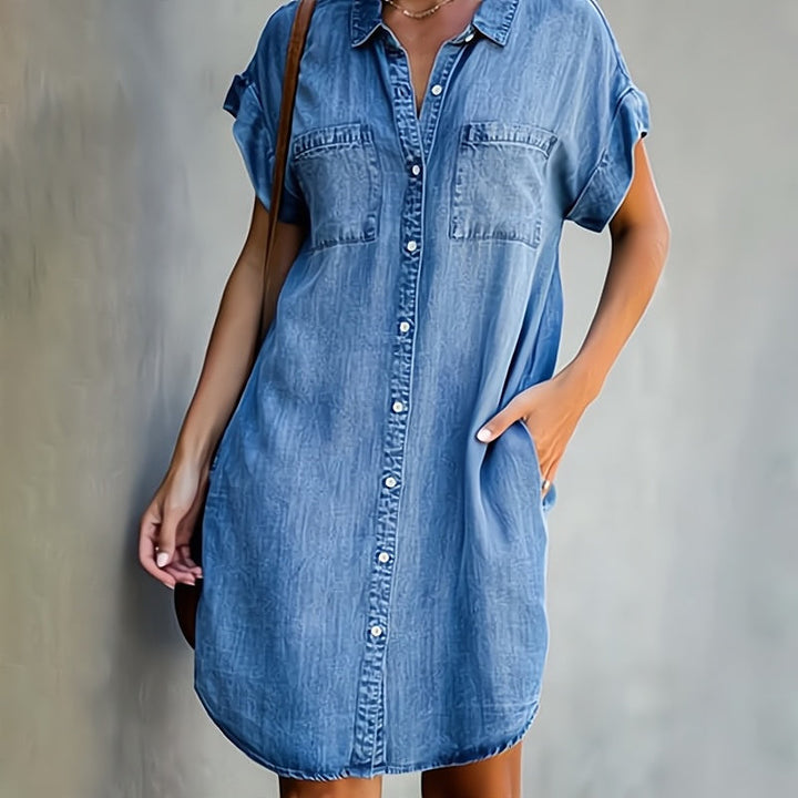 Venancia™ | Κοντό φόρεμα chemise με κοντά μανίκια και κουμπιά