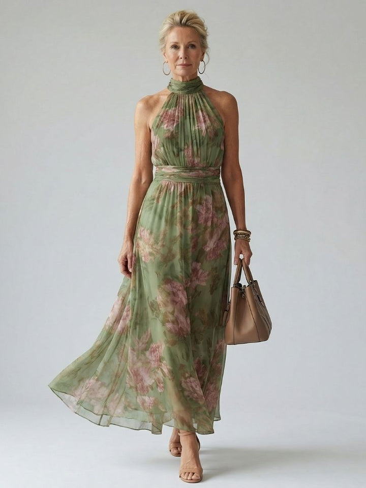 Mirella™ | Midi Φόρεμα Halter Floral με Λεπτομέρεια Ραφής