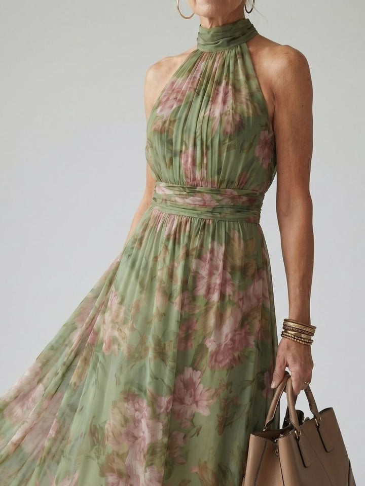 Mirella™ | Midi Φόρεμα Halter Floral με Λεπτομέρεια Ραφής