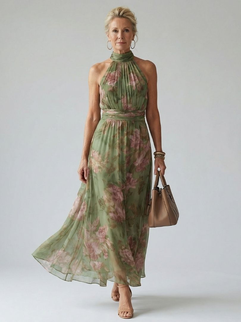 Mirella™ | Floral Midi Halter Φόρεμα με Ραφές