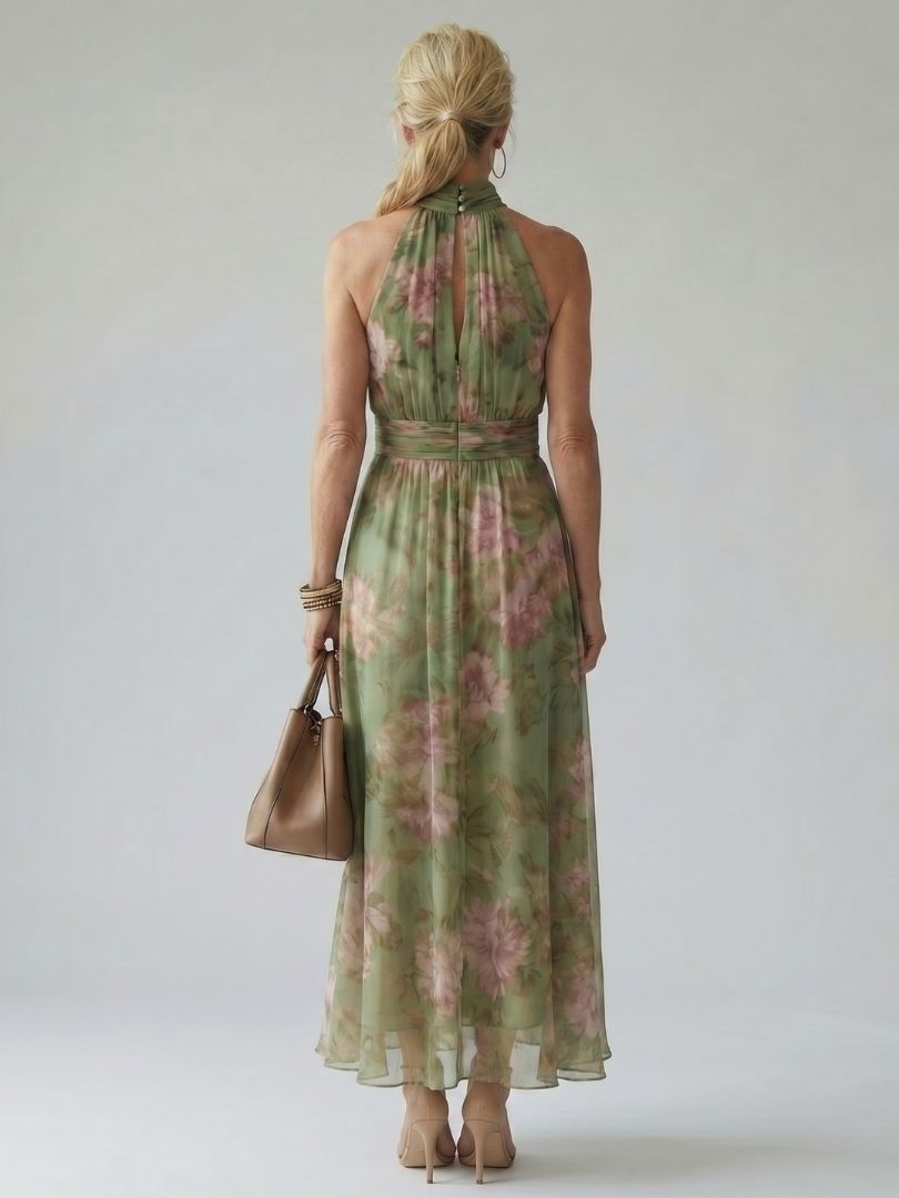Mirella™ | Midi Φόρεμα Halter Floral με Λεπτομέρεια Ραφής