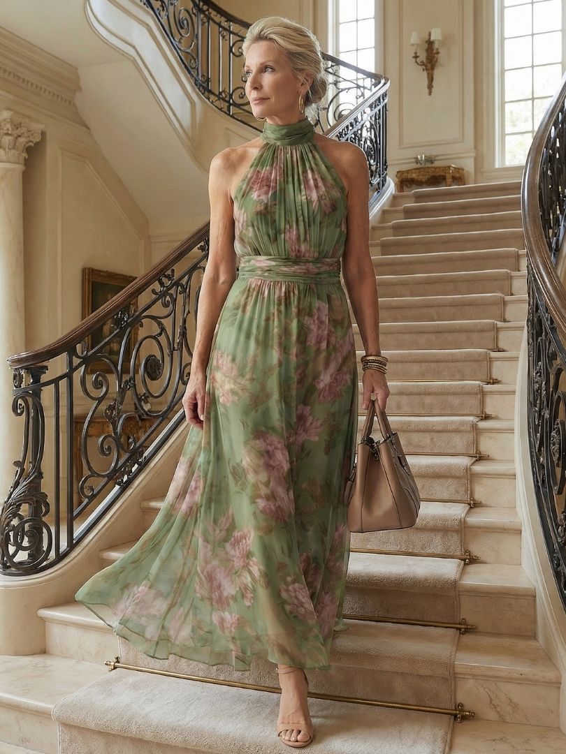 Mirella™ | Midi Φόρεμα Halter Floral με Λεπτομέρεια Ραφής