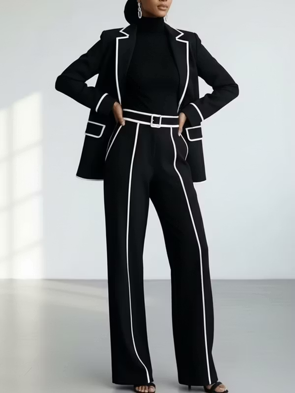 Claudia | Σετ Δύο Κομματιών με Σακάκι με Αντίθεση Μαύρης Ραφής και Παντελόνι Φαρδιάς Γραμμής