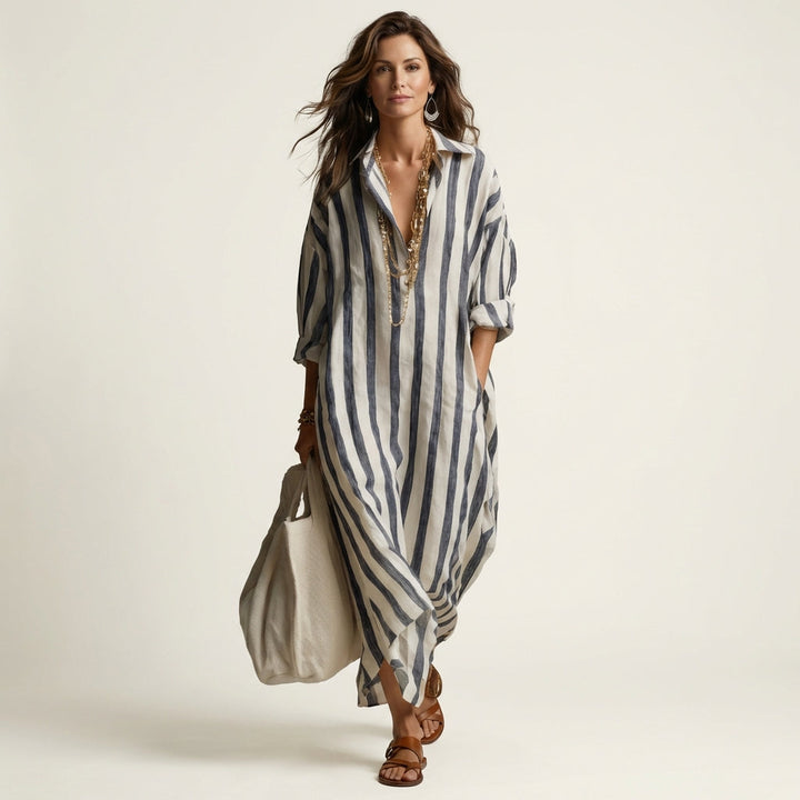 Leandra™ | Μακριά Ριγέ Φόρεμα με Γιακά