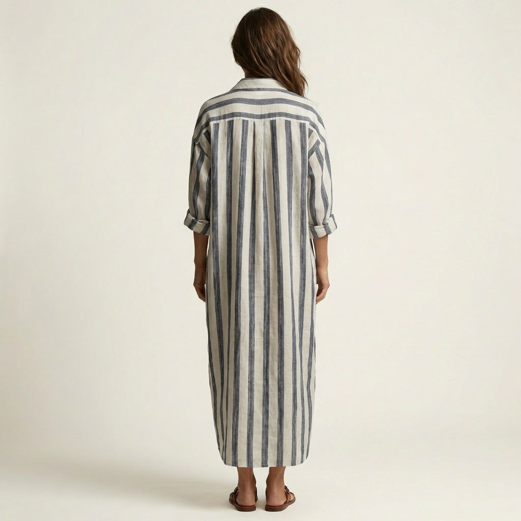 Leandra™ | Μακριά Ριγέ Φόρεμα με Γιακά