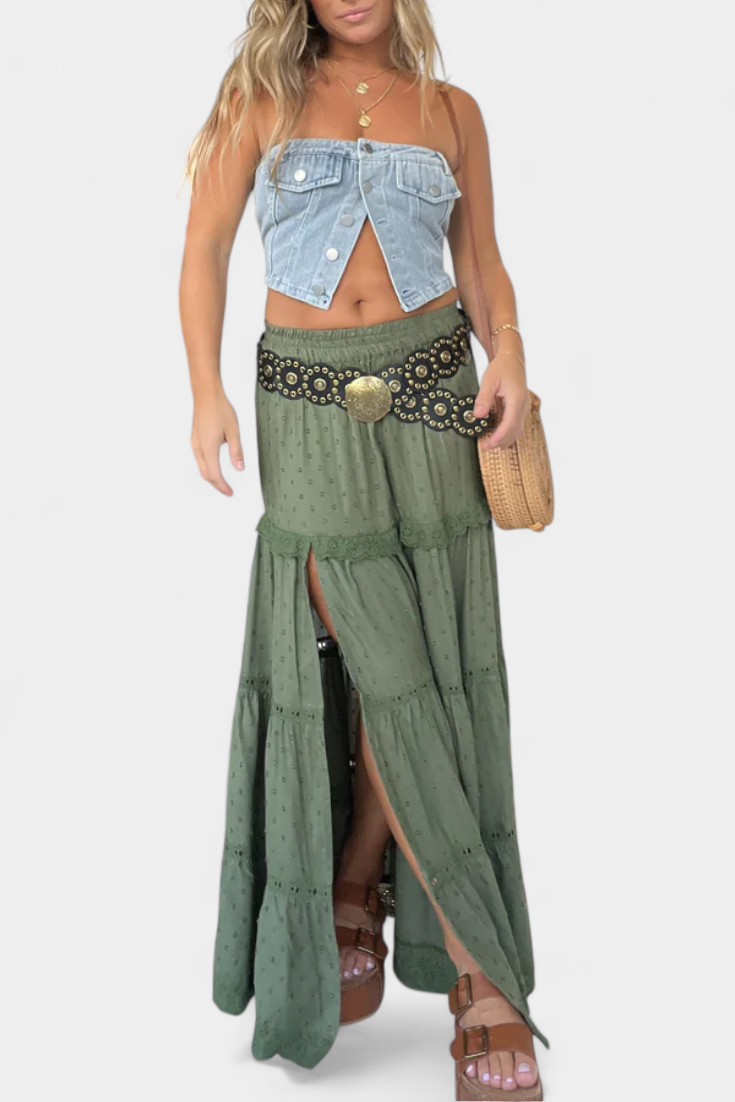 Φούστα Dola Maxi Boho με Δαντέλα και Μπροστινή Άνοιξη