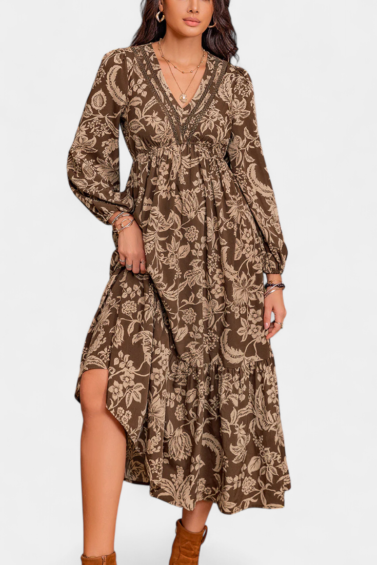 Φόρεμα Maxi Bohemio με Λουλούδια και Φουσκωτά Μανίκια
