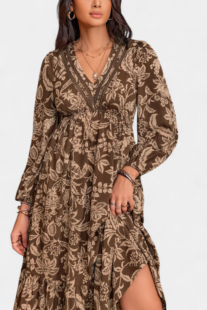 Φόρεμα Maxi Bohemio με Λουλούδια και Φουσκωτά Μανίκια