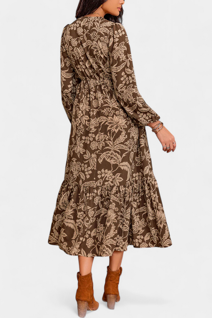 Φόρεμα Maxi Bohemio με Λουλούδια και Φουσκωτά Μανίκια