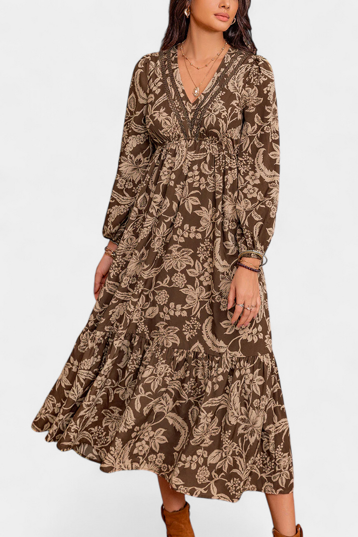 Φόρεμα Maxi Bohemio με Λουλούδια και Φουσκωτά Μανίκια