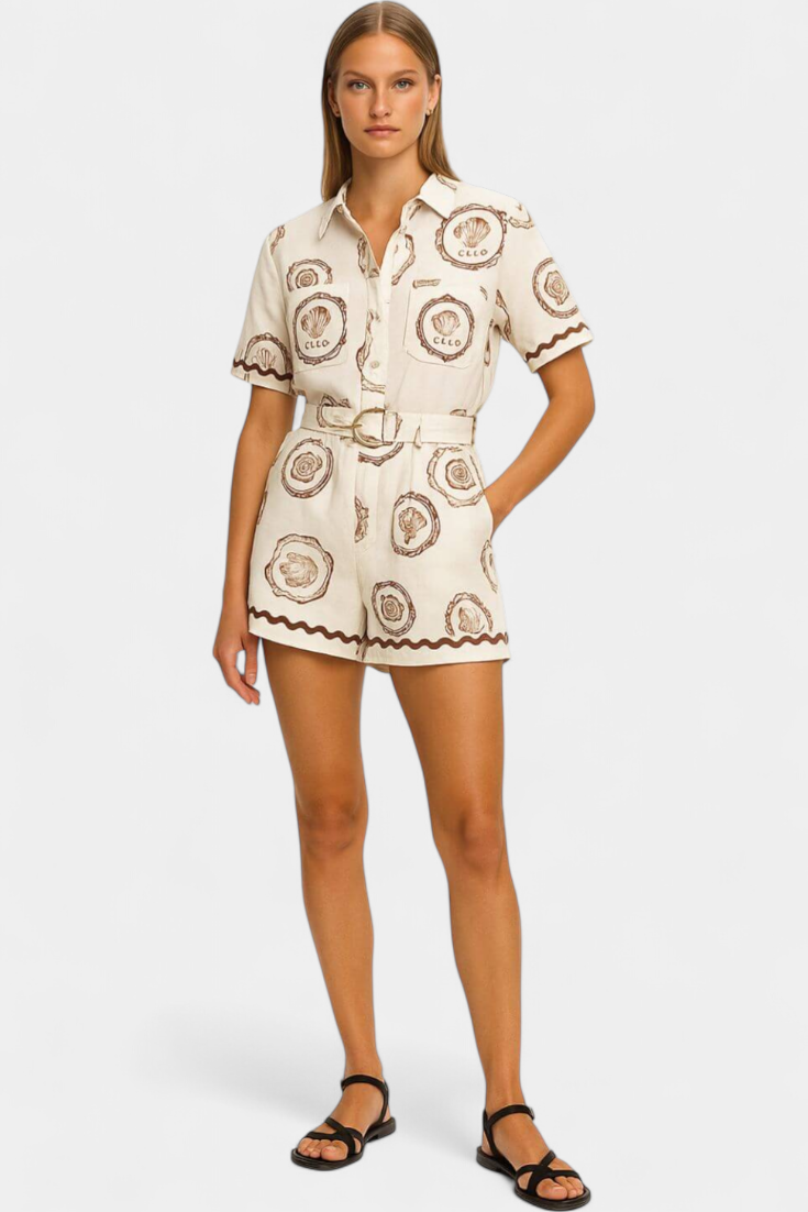 Μονοκόμματο T-Shirt Seashell με Λεπτομέρεια από Κέλυφος και Κουμπιά