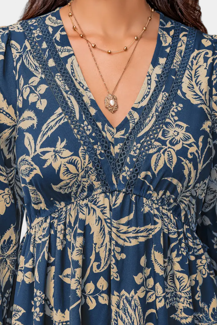 Φόρεμα Maxi Bohemio με Λουλούδια και Φουσκωτά Μανίκια