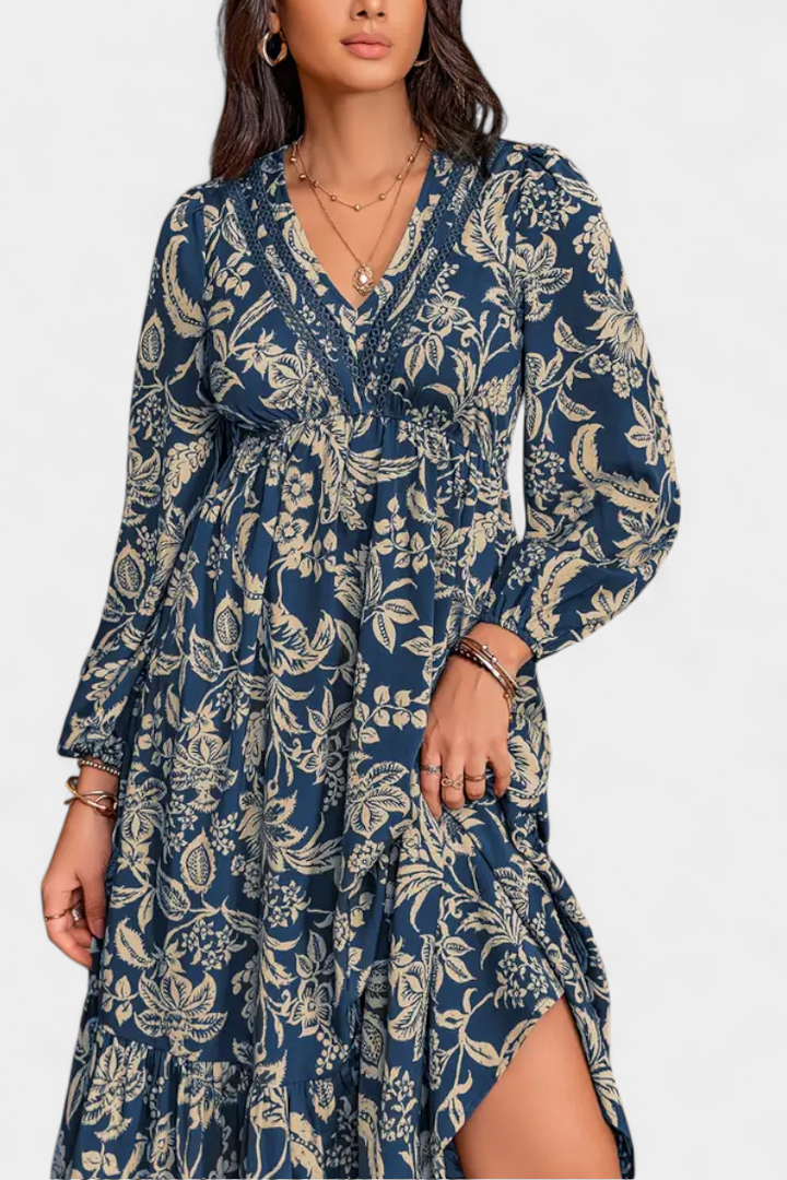 Φόρεμα Maxi Bohemio με Λουλούδια και Φουσκωτά Μανίκια