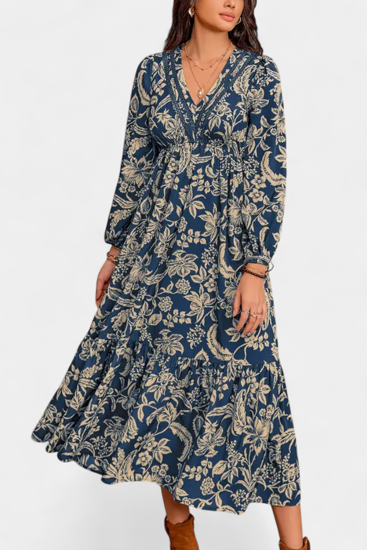 Φόρεμα Maxi Bohemio με Λουλούδια και Φουσκωτά Μανίκια