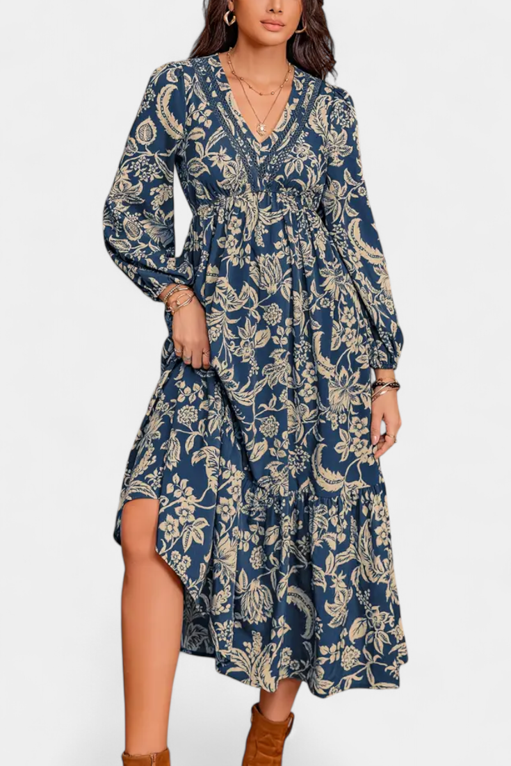Φόρεμα Maxi Bohemio με Λουλούδια και Φουσκωτά Μανίκια