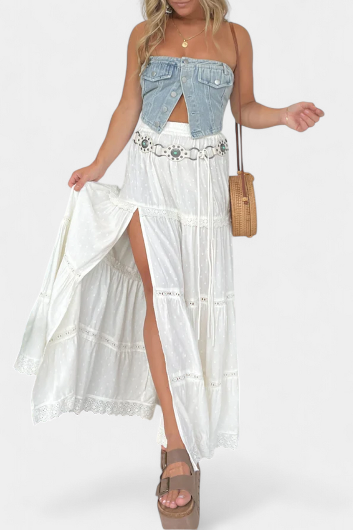 Φούστα Dola Maxi Boho με Δαντέλα και Μπροστινή Άνοιξη