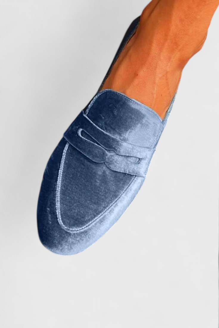 Llnica Μοκασίνια από Βελούδο Μπλε με Λεπτομέρεια Patchwork και Στρογγυλή Μύτη